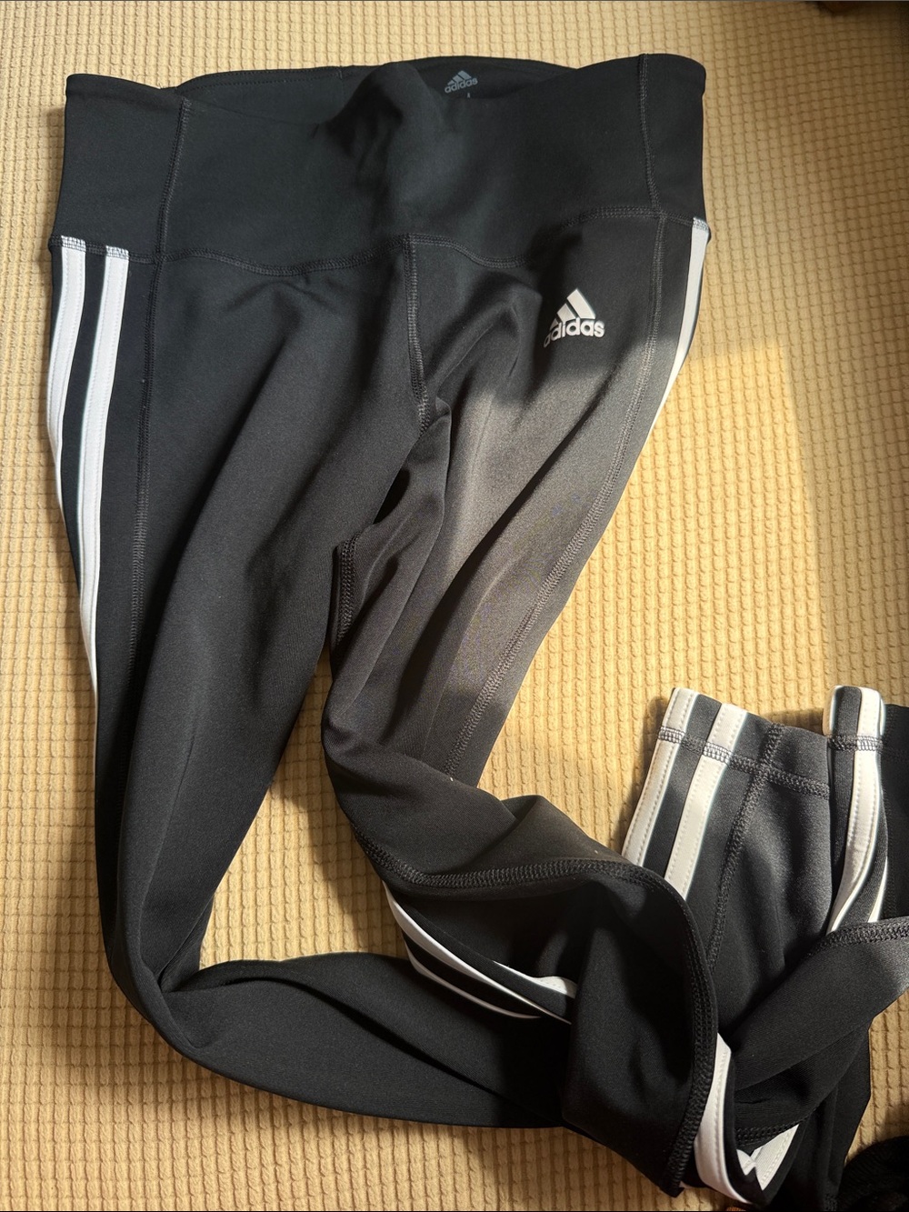 Adidas women’s Black Athletic Leggings with White Stripes